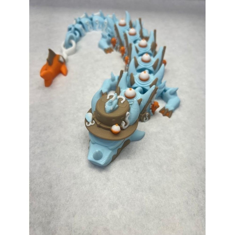 3D Printed Articulated Fishing Dragon Fidget Toy Blue Orange Fishing Hat 11"